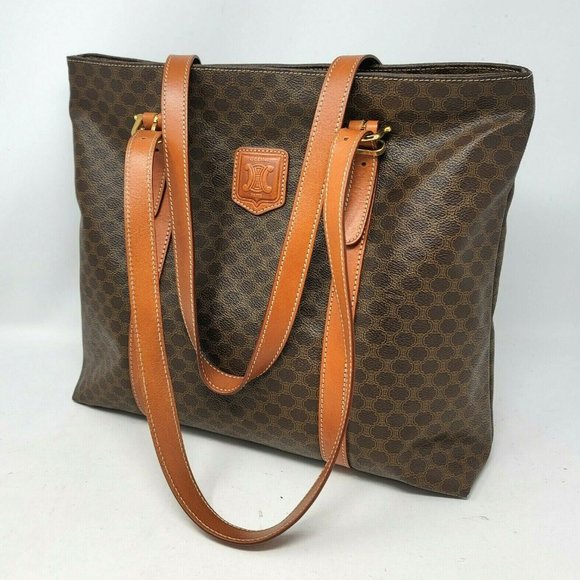 Vintage Celine Triomphe Canvas Brown Leather Medium Shoulder Tote Hand Bag Auth - Picture 2 of 13